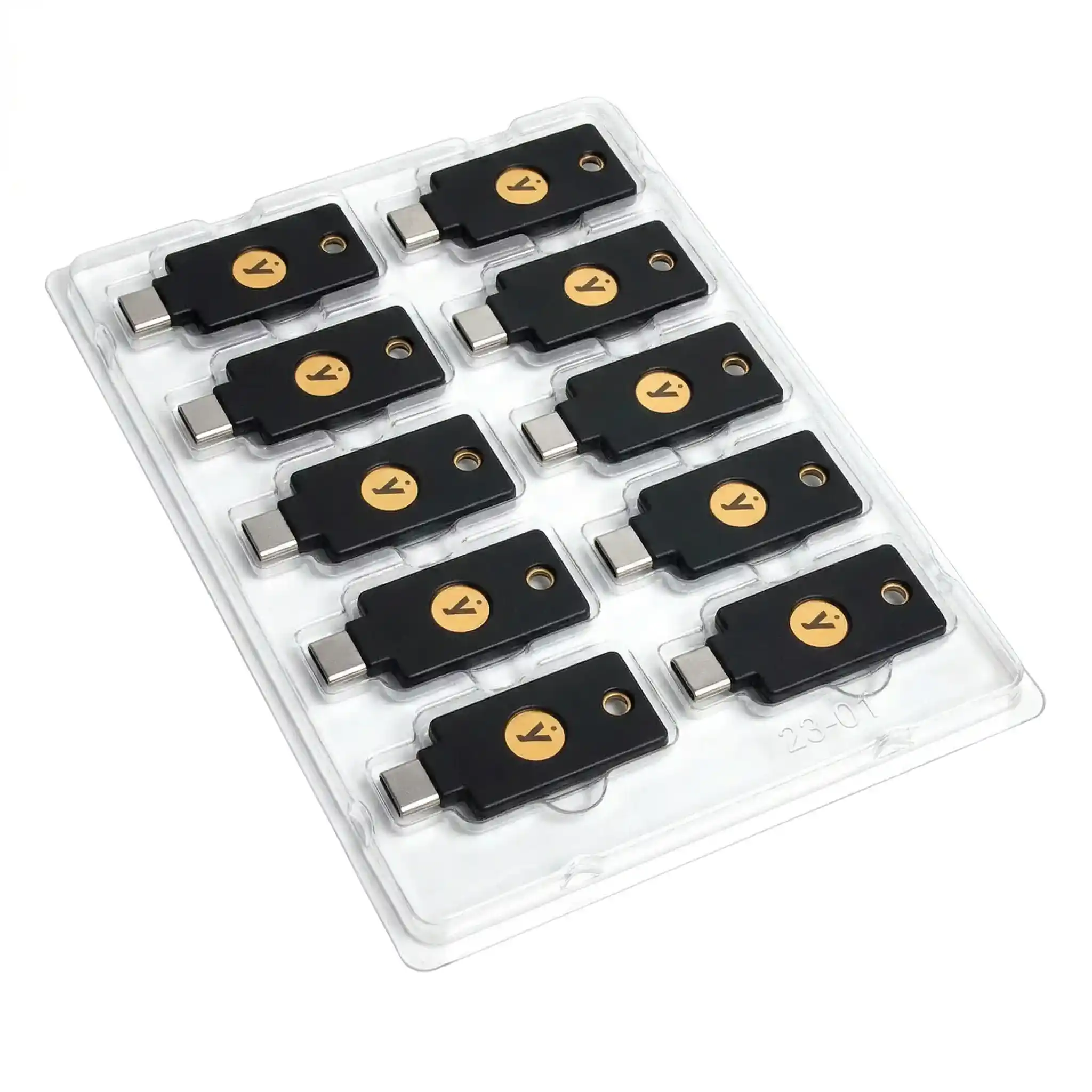 Pack de 10 YubiKey 5C NFC USB-C rangées dans leur plateau de conditionnement