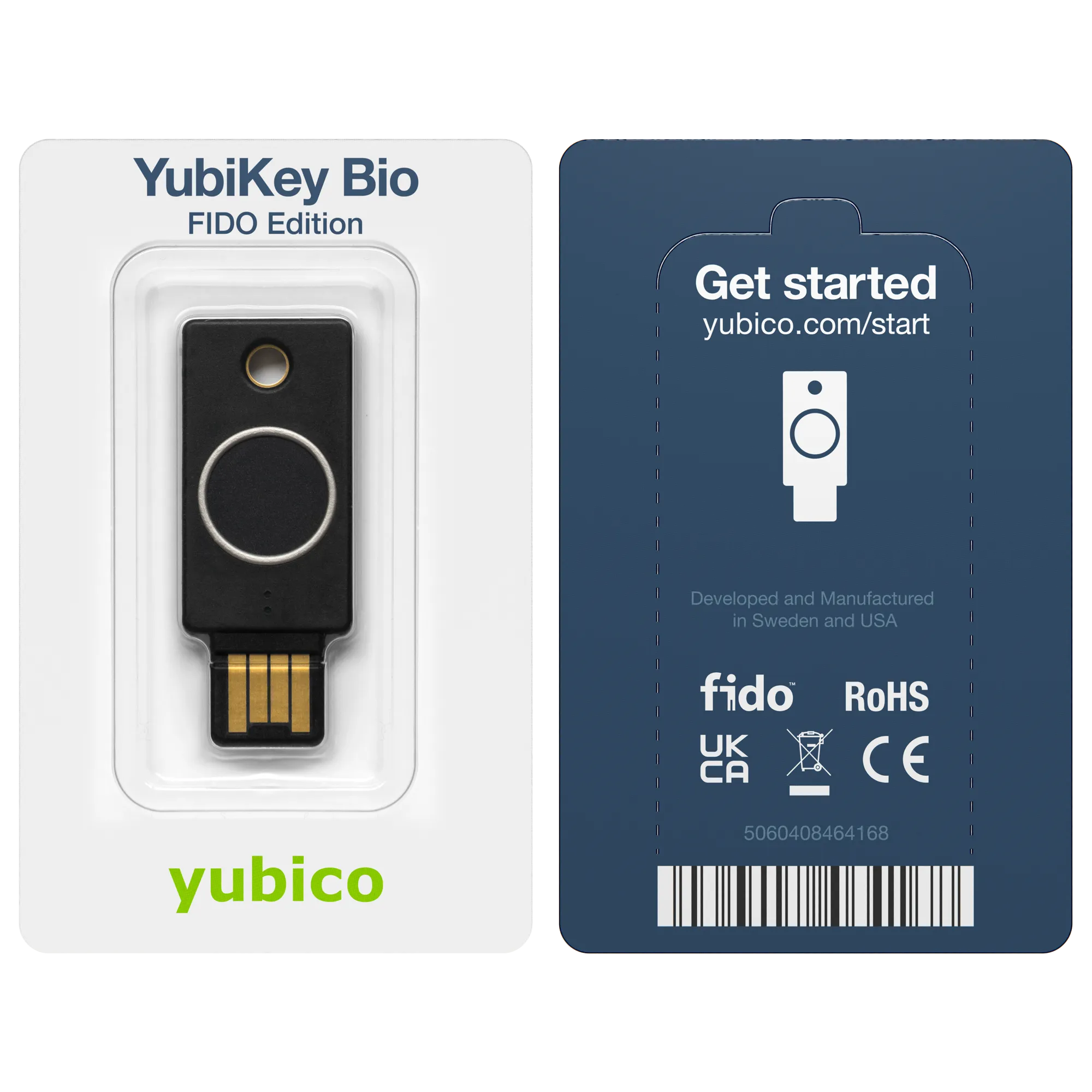 Yubikey bio A emballée, vue de face et de derrière