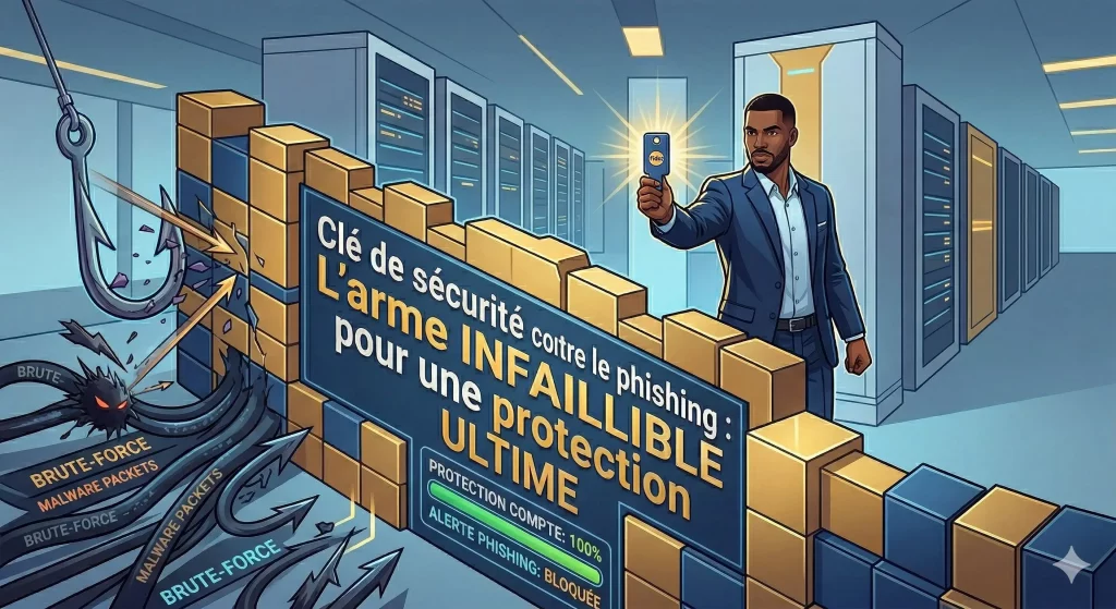 Illustration d'un homme tenant une yubikey, démontrant la protection totale que cette dernière offre contre le phishing