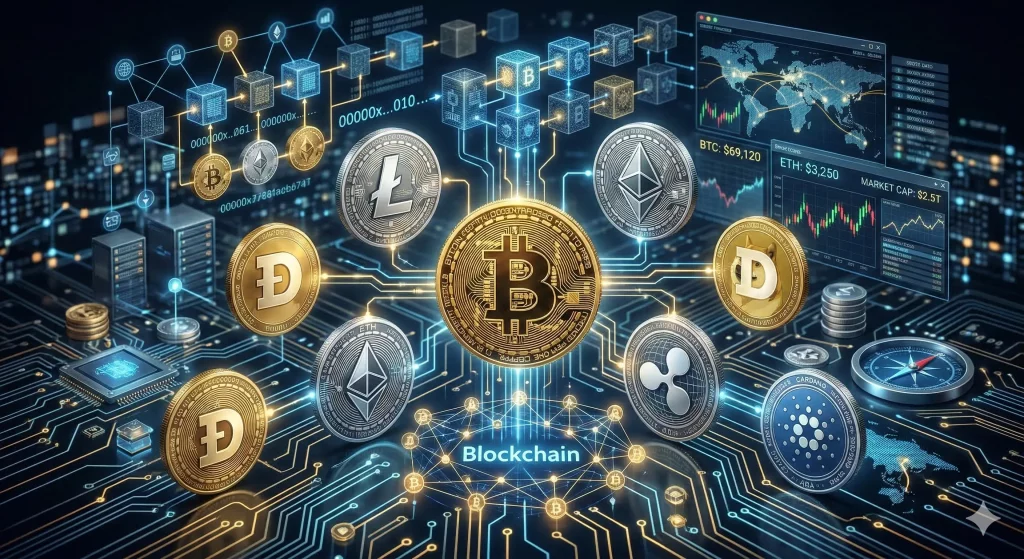 Une illustration numérique détaillée et futuriste d'un écosystème de crypto-monnaie. Une grande pièce d'or Bitcoin centrale flotte au-dessus du mot lumineux 'Blockchain'. Elle est entourée de nombreuses autres pièces (Ethereum, Litecoin, Dogecoin, Ripple, Cardano) interconnectées sur un circuit imprimé. L'arrière-plan comprend une structure de chaîne de blocs visuelle, des serveurs de minage et un tableau de bord financier affichant des graphiques de marché et des données de prix, comme 'BTC: $69,120' et 'MARKET CAP: $2.5T'.