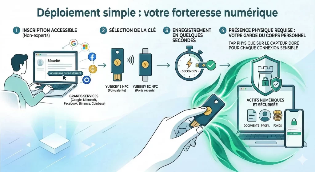 Une infographie vectorielle illustrant notre article sur la clé de sécurité contre le phishing en quatre étapes pour le déploiement simple d'une Yubikey. Titre : "DÉPLOYMENT SIMPLE : VOTRE FORTERESSE NUMÉRIQUE". Étape 1 : Inscription accessible sur un ordinateur portable pour des services comme Google, Microsoft, Facebook, Binance, Coinbase. Étape 2 : Sélection de la clé (Yubikey 5 NFC ou 5C NFC). Étape 3 : Enregistrement en quelques secondes, illustré par une insertion de clé et un chronomètre. Étape 4 : Présence physique requise : Tap physique sur le capteur doré pour chaque connexion sensible. La section finale montre des actifs numériques sécurisés (documents, profil, fonds) sur un ordinateur portable et un smartphone, protégés par une icône de château fortifiée et des boucliers verts