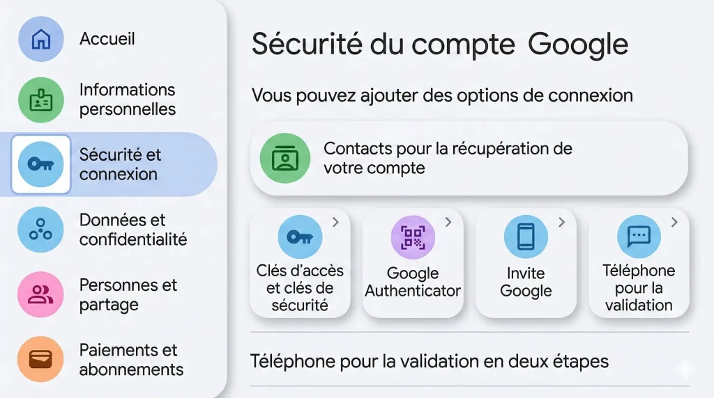 Capture d'écran stylisée et moderne des paramètres de sécurité du compte Google en format paysage. L'interface affiche clairement les options pour sécuriser mon compte Google, notamment la section 'Clés d'accès et clés de sécurité' indispensable pour l'usage d'une YubiKey. Ce visuel illustre une protection compte Google optimisée, incluant la sécurité GMAIL et les méthodes pour une protection efficace de mon compte gmail.