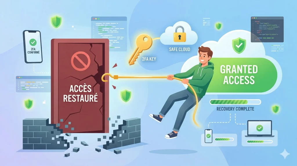 illustration d'une femme cherchant à retrouver accès à ses comptes sécurisés par une yubikey