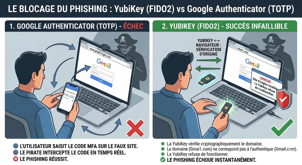 Une infographie comparative en deux colonnes intitulée 'LE BLOCAGE DU PHISHING : YubiKey (FIDO2) vs Google Authenticator (TOTP)'. L'image est divisée en deux colonnes principales. La colonne de gauche, '1. GOOGLE AUTHENTICATOR (TOTP) - ÉCHEC', montre un homme à un ordinateur portable avec un faux site Gmail (gmai1.com) et un pirate masqué derrière. L'homme utilise un smartphone avec l'application Google Authenticator affichant le code '765 432', qui est tapé sur le laptop, indiqué par des flèches rouges. Une croix rouge 'X' marque l'échec. Le texte de puces rouges explique : 'L'UTILISATEUR SAISIT LE CODE MFA SUR LE FAUX SITE. LE PIRATE INTERCEPTE LE CODE EN TEMPS RÉEL. LE PHISHING RÉUSSIT.' La colonne de droite, '2. YUBIKEY (FIDO2) - SUCCÈS INFAILLIBLE', reproduit la scène avec l'homme, le faux site et le pirate. L'homme insère une YubiKey dans le laptop, indiquée par des flèches bidirectionnelles vertes et le texte 'VÉRIFICATION D'ORIGINE'. Une fenêtre contextuelle sur l'écran indique 'ERREUR : Site d'origine invalide. La YubiKey refuse de s'authentifier.' Une coche verte '✓' et un bouclier rouge avec une coche marquent le succès. Le texte de puces vertes explique : 'La YubiKey vérifie cryptographiquement le domaine. Le domaine (https://www.google.com/url?sa=E&source=gmail&q=Gmai1.com) ne correspond pas à l'authentique (Gmail.com). La YubiKey refuse de fonctionner. LE PHISHING ÉCHOUE INSTANTANÉMENT.' L'infographie illustre comment FIDO2 avec YubiKey empêche le phishing en vérifiant l'origine du site, contrairement à TOTP.