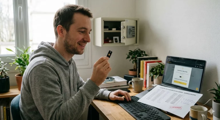 un homme dans la trentaine au sourire soulagé car il ne fait pas face à une perte yubikey, assis à son bureau en bois. Il tient entre le pouce et l'index une petite clé de sécurité matérielle YubiKey 5C NFC de couleur noire, tout en regardant l'objectif. En arrière-plan, un petit coffre-fort à combinaison ouvert est fixé au mur, laissant entrevoir une autre clé YubiKey de rechange à l'intérieur. Sur le bureau, près du clavier, se trouve une feuille de papier A4 imprimée avec le titre "CODES DE SECOURS (RECOVERY CODES)" et une liste de codes numériques, avec des annotations manuscrites et le tampon "À IMPRIMER". Un ordinateur portable est ouvert sur le bureau, son écran affichant une invitation "Connexion Sécurisée" pour une plateforme d'échange de cryptomonnaies Binance, demandant le toucher d'une clé de sécurité, avec le texte "Veuillez toucher votre clé de sécurité". Des livres, des plantes et une tasse de café sont dispersés sur le bureau. La scène est éclairée par la lumière naturelle d'une fenêtre sur la gauche. L'image est réaliste avec un grain de film chaleureux.