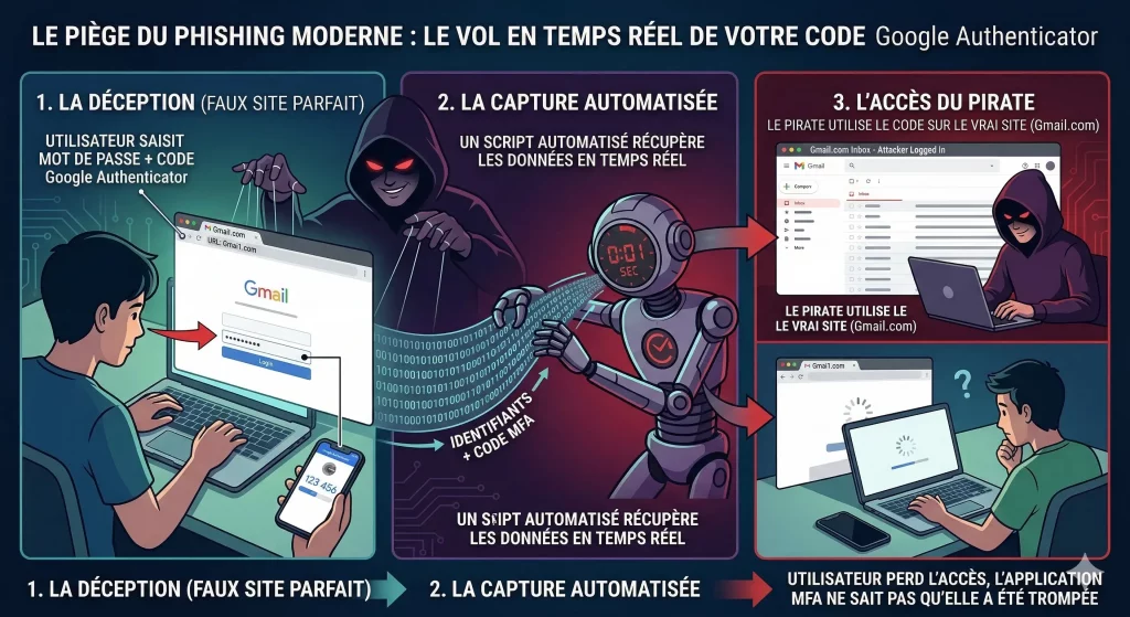 Une illustration triptyque narrative intitulée 'LE PIÈGE DU PHISHING MODERNE : LE VOL EN TEMPS RÉEL DE VOTRE CODE Alternative à Google Authenticator'. Elle décrit une attaque de phishing en trois étapes horizontales. Elle montre également l'importance d'une alternative à Google Authenticator. Étape 1 : 'LA DÉCEPTION (FAUX SITE PARFAIT)'. Un homme à un ordinateur portable avec un faux site Gmail (Gmai1.com) et un pirate encapuchonné manipulant l'écran. L'homme utilise un smartphone avec l'application Google Authenticator affichant '123 456' et tape ses identifiants, comme indiqué par des flèches. Le texte dit : 'UTILISATEUR SAISIT MOT DE PASSE + CODE Google Authenticator'. Étape 2 : 'LA CAPTURE AUTOMATISÉE'. Un robot mécanique avec un visage d'horloge ('0:01 SEC') et une main s'active pour saisir une bande de données binaire (identifiants + code MFA) d'un flux de données. Le pirate regarde, satisfait. Le texte dit : 'UN SCRIPT AUTOMATISÉ RÉCUPÈRE LES DONNÉES EN TEMPS RÉEL'. Étape 3 : 'L'ACCÈS DU PIRATE'. L'ordinateur portable du pirate (noir, autocollant 'HACK') montre une boîte de réception Gmail authentique (Gmail.com Inbox - Attacker Logged In) où le pirate encapuchonné tape joyeusement. Le texte dit : 'LE PIRATE UTILISE LE CODE SUR LE VRAI SITE (Gmail.com)'. En dessous, l'ordinateur portable de l'utilisateur est figé sur une erreur. Le texte dit : 'UTILISATEUR PERD L'ACCÈS, L'APPLICATION MFA NE SAIT PAS QU'ELLE A ÉTÉ TROMPÉE'. L'homme semble confus. Le pied de page de l'image contient une synthèse textuelle : '1. LA DÉCEPTION (FAUX SITE PARFAIT) -> 2. LA CAPTURE AUTOMATISÉE -> UTILISATEUR PERD L'ACCÈS, L'APPLICATION MFA NE SAIT PAS QU'ELLE A ÉTÉ TROMPÉE'.