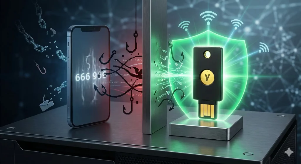 Illustration de notre article sur la recherche d'alternative a Google Authenticator. Une illustration dynamique de haute technologie comparant la sécurité de l'application MFA à la protection par clé matérielle. Sur une console technique sombre, un smartphone screen à gauche affiche un code MFA fantomatique et clignotant, qui est ciblé par un essaim d'hameçons de phishing pixelisés et ombragés. Une barrière est brisée. À droite, une YubiKey 5 NFC noire (forme reconnaissable) avec un contact doré brillant est debout sur une base métallique, irradiant un puissant bouclier d'énergie émeraude. Ce bouclier bloque et brise complètement les hameçons de phishing entrants et les flux de données trompeurs, représentant une protection totale contre le phishing FIDO2. L'éclairage est moderne et dramatique avec des couleurs contrastées (vert pour la sécurité, rouge pour la menace). Aucun texte n'est visible.