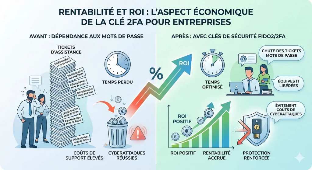 Gemini a dit Une infographie intitulée « RENTABILITÉ ET ROI : L'ASPECT ÉCONOMIQUE DE LA CLÉ 2FA POUR ENTREPRISES » présente une comparaison visuelle et textuelle. La partie gauche, « AVANT : DÉPENDANCE AUX MOTS DE PASSE », montre des employés stressés, une pile instable et gigantesque de « TICKETS D'ASSISTANCE » avec « Réinitialisation Mots de Passe » indiqué de nombreuses fois, une horloge pour « TEMPS PERDU », des pièces tombant dans une poubelle pour « COÛTS DE SUPPORT ÉLEVÉS », et des icônes pour des cyberattaques réussies avec des coûts de réparation élevés. Une flèche montante centrale avec un signe « % » relie les deux côtés à l'étiquette « ROI POSITIF » et « RENTABILITÉ ACCRUE ». La partie droite, « APRÈS : AVEC CLÉS DE SÉCURITÉ FIDO2/2FA », montre des employés souriants et efficaces avec des icônes d'engrenage, un chronomètre pour « TEMPS OPTIMISÉ », des bulles d'étiquette pour « CHUTE DES TICKETS MOTS DE PASSE » et « ÉQUIPES IT LIBÉRÉES », un graphique avec des piles d'argent montrant un ROI croissant et une étiquette pour « ÉVITEMENT COÛTS DE CYBERATTAQUES », et une icône de clé de sécurité FIDO2/2FA robuste avec un logo FIDO2, un bouclier de protection et l'étiquette « PROTECTION RENFORCÉE »