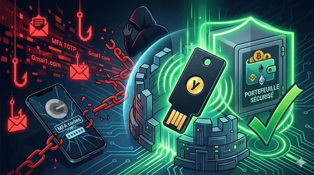 Une illustration conceptuelle en grand format comparant la sécurité de l'application MFA à la protection par clé matérielle pour un portefeuille de cryptomonnaies. Au centre, une forteresse technologique en forme de forteresse est bâtie autour de la YubiKey 5 NFC (recognizable shape). De la YubiKey, des vagues lumineuses vertes (FIDO2) protègent à droite un coffre-fort numérique contenant un portefeuille crypto (logos BTC/ETH). De multiples hameçons, faux emails, et codes TOTP fissurés s'écrasent sur la forteresse à gauche, en arrière-plan une silhouette encapuchonnée s'éloigne, vaincue. L'éclairage est dramatique, vert émeraude pour la réussite, rouge pour le danger. Modern, conceptual, high-tech, vector style.