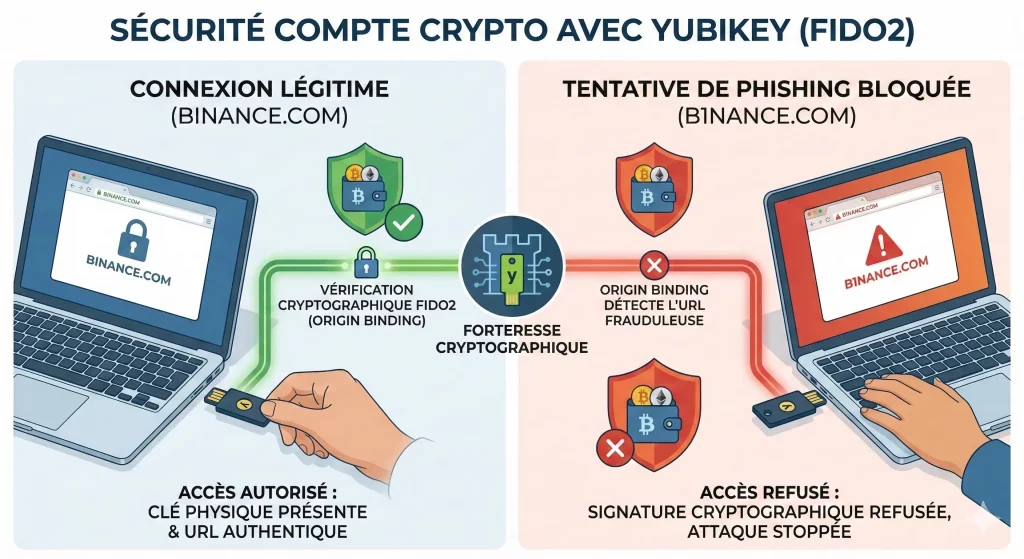 Une illustration conceptuelle en deux sections montrant comment une clé de sécurité matérielle (comme la YubiKey 5 NFC) sécurise mon compte crypto contre le phishing grâce à FIDO2. La section supérieure illustre la vulnérabilité de l'authentification MFA classique par SMS ou TOTP, où un pirate intercepte manuellement un code recopié sur un faux site d'exchange (BIINANCE.COM). La section inférieure présente la YubiKey comme la solution de protection ultime. Elle montre l' Origin Binding (liaison d'origine) où la clé vérifie cryptographiquement l'URL réelle (binance.com). Face à un faux site (biinance.com), la YubiKey détecte instantanément l'erreur, refuse de signer la transaction et bloque l'hameçon rouge du phishing, assurant une sécurité compte crypto passive et infaillible. Le diagramme high-tech utilise des boucliers verts pour la validation réussie sur le vrai site, et des barrières rouges pour le blocage sur le faux site, expliquant pourquoi cette technologie est le rempart pour sécuriser mon compte crypto.