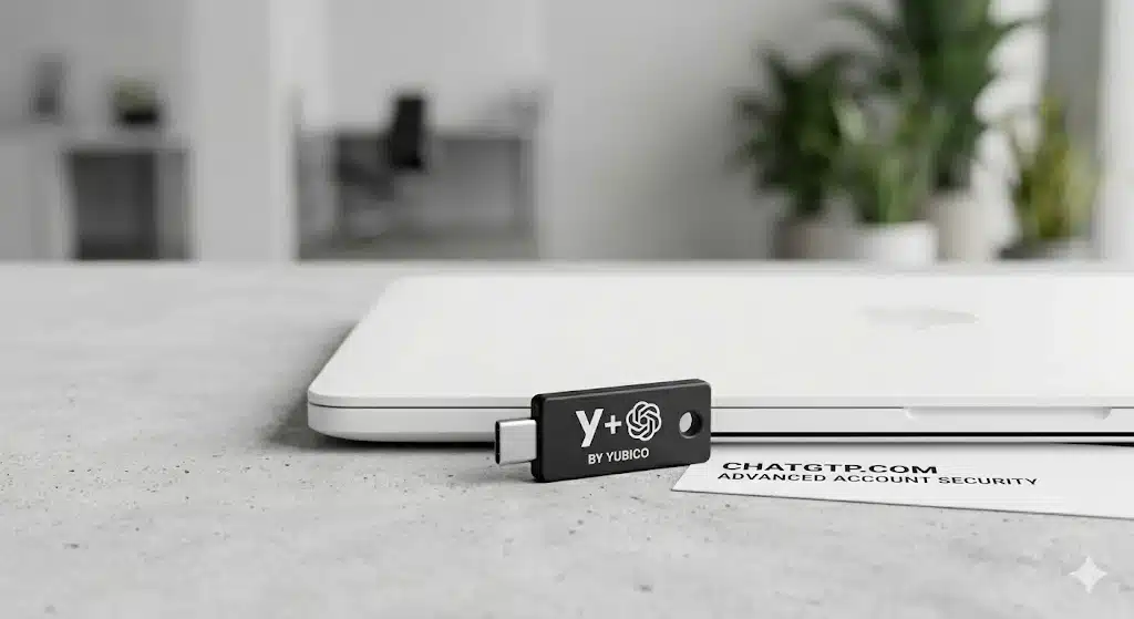 Une photo minimaliste en gros plan sur une surface en béton gris montre une clé de sécurité USB-C noire portant le logo OpenAI, posée devant un ordinateur portable blanc fermé. Un autocollant sur l'ordinateur portable affiche les logos OpenAI et Yubico. L'arrière-plan du bureau est flou.