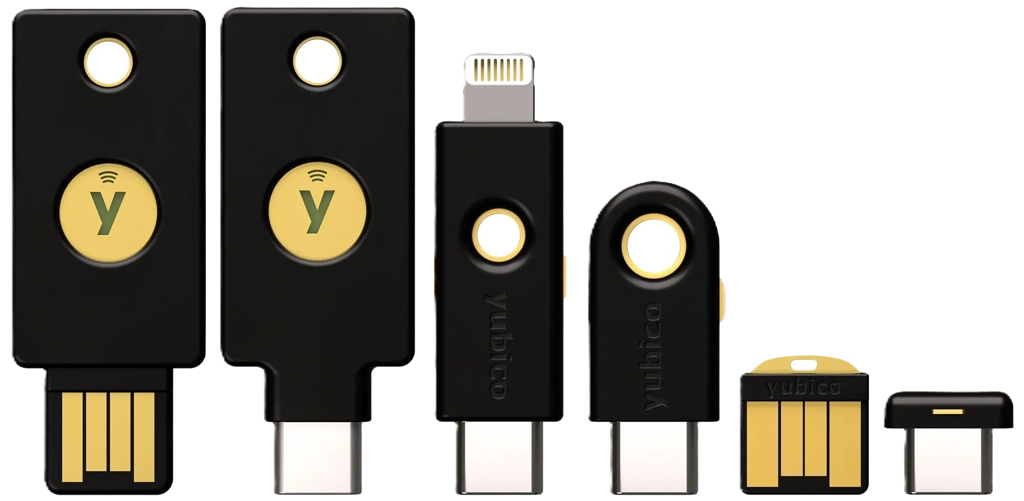 présentation de la gamme complète des Yubikey 5 Series incluant de gauche à droite : la yubikey 5 NFC USB-A, la yubikey 5C NFC USB-C, la yubikey 5 Ci NFC, la yubikey 5C, la yubikey 5 Nano USB-A, la yubikey 5 Nano USB-C