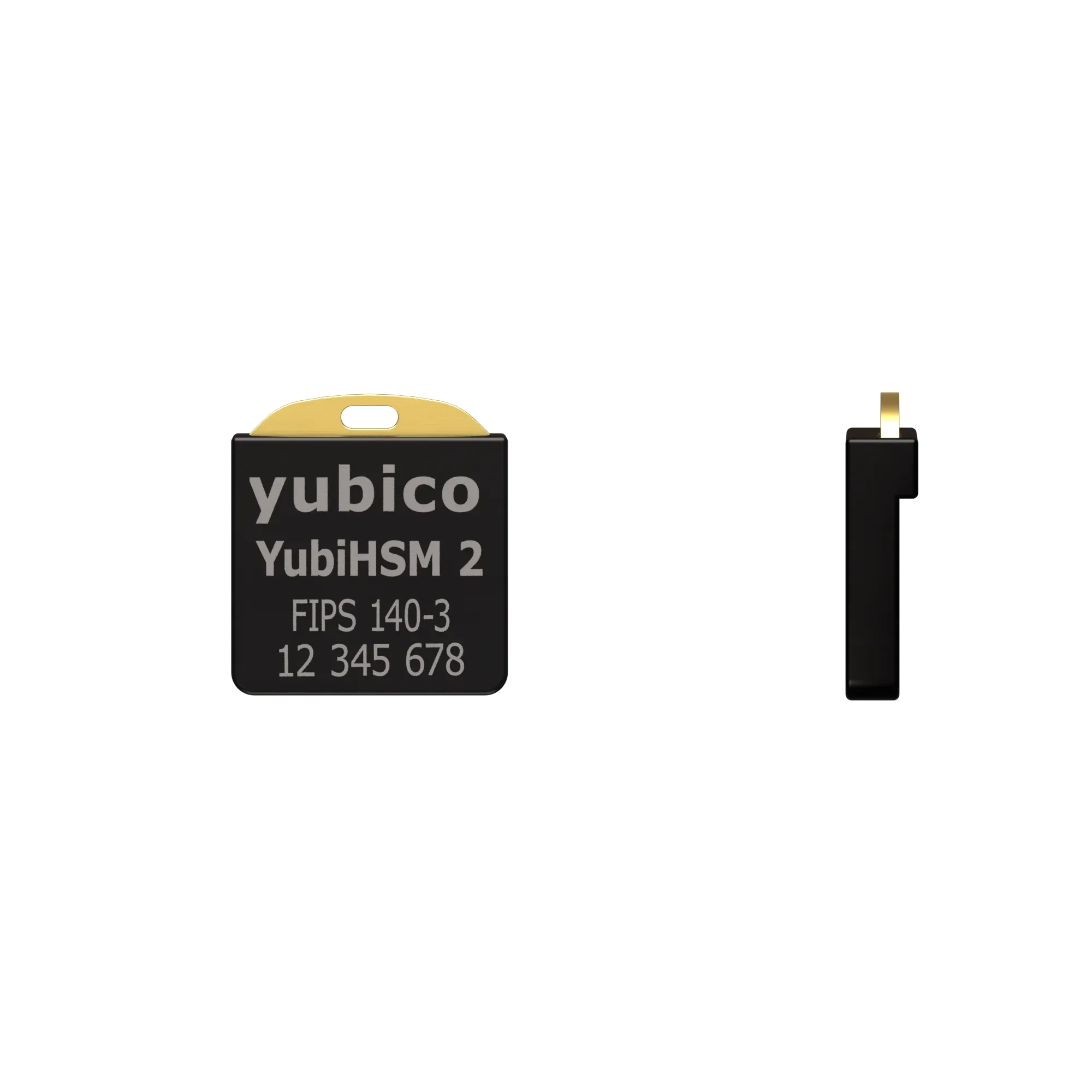 YubiHSM 2 FIPS 140-3 v2.4 vue de dos, gravure FIPS 140-3 et numéro de série, et vue de profil