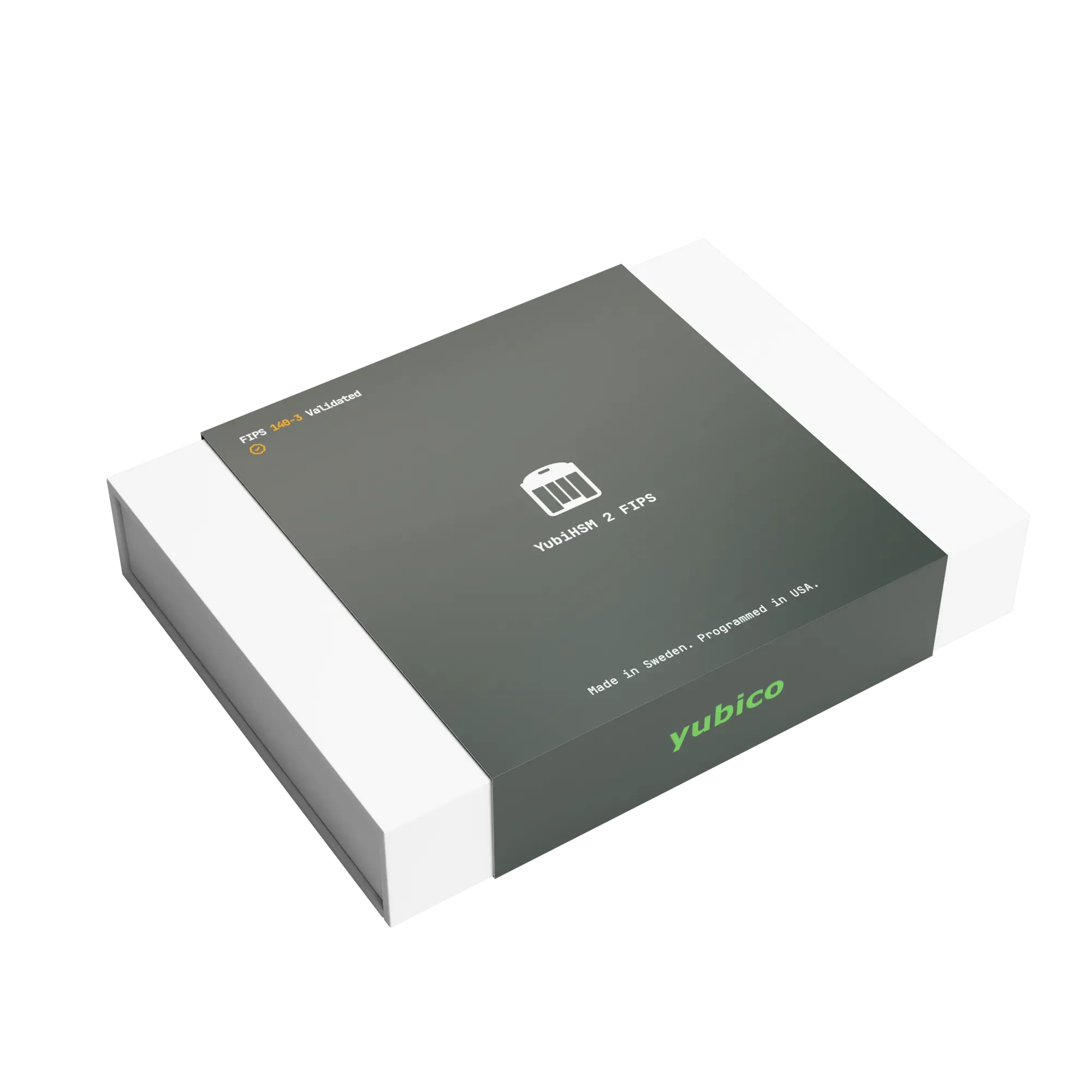 Coffret fermé du YubiHSM 2 FIPS, mention FIPS 140-3 Validated sur le bandeau gris