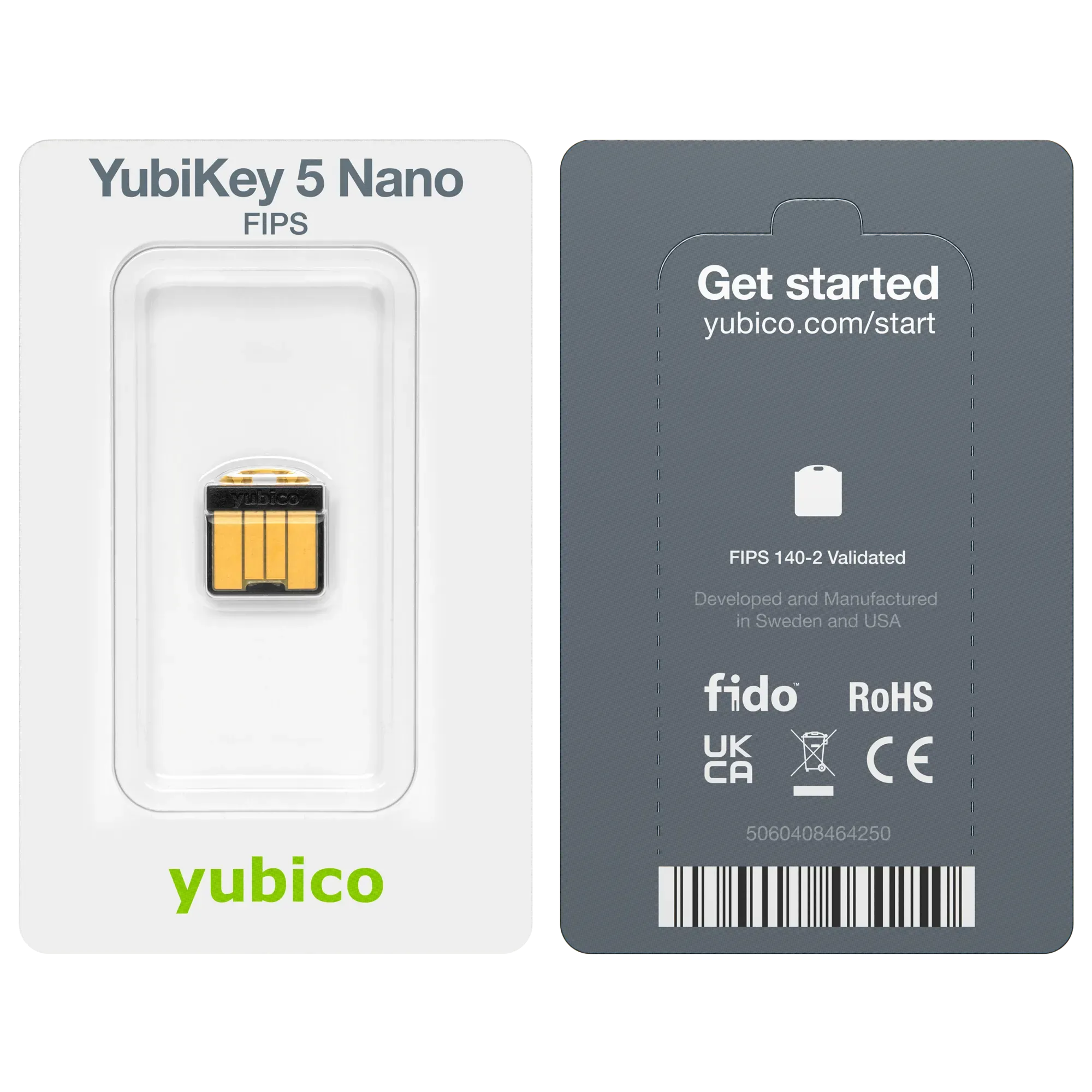 Emballage blister de la YubiKey 5 Nano FIPS, recto et verso avec mention FIPS 140-2 Validated