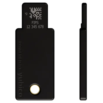 YubiKey 5 NFC FIPS 140-2 USB-A vue de dos avec gravure FIPS et numéro de série, et vue de profil