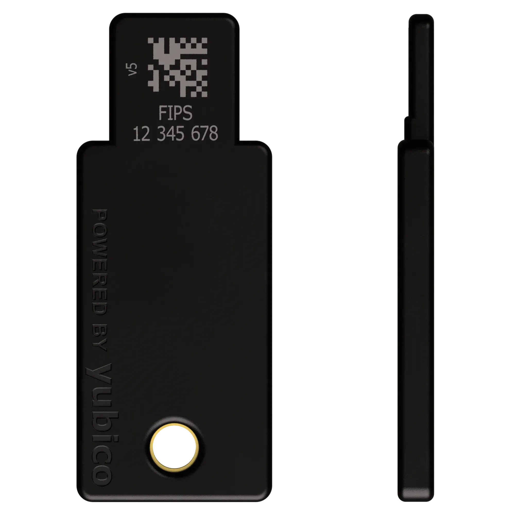 YubiKey 5 NFC FIPS 140-2 USB-A vue de dos avec gravure FIPS et numéro de série, et vue de profil