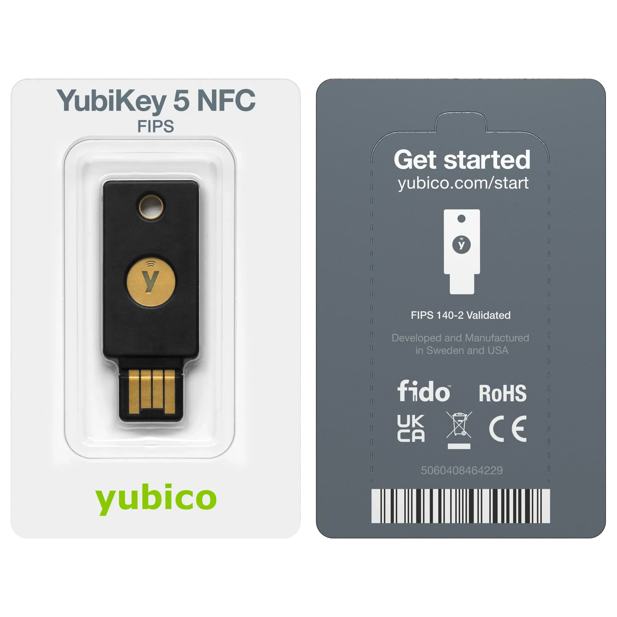 Emballage blister de la YubiKey 5 NFC FIPS, recto et verso avec mention FIPS 140-2 Validated