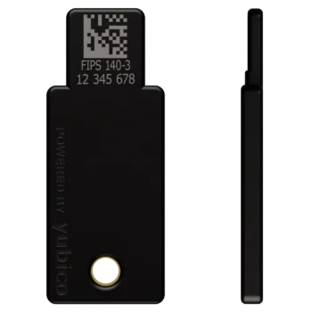 YubiKey 5 NFC FIPS 140-3 vue de dos avec gravure FIPS 140-3 et numéro de série, et vue de profil