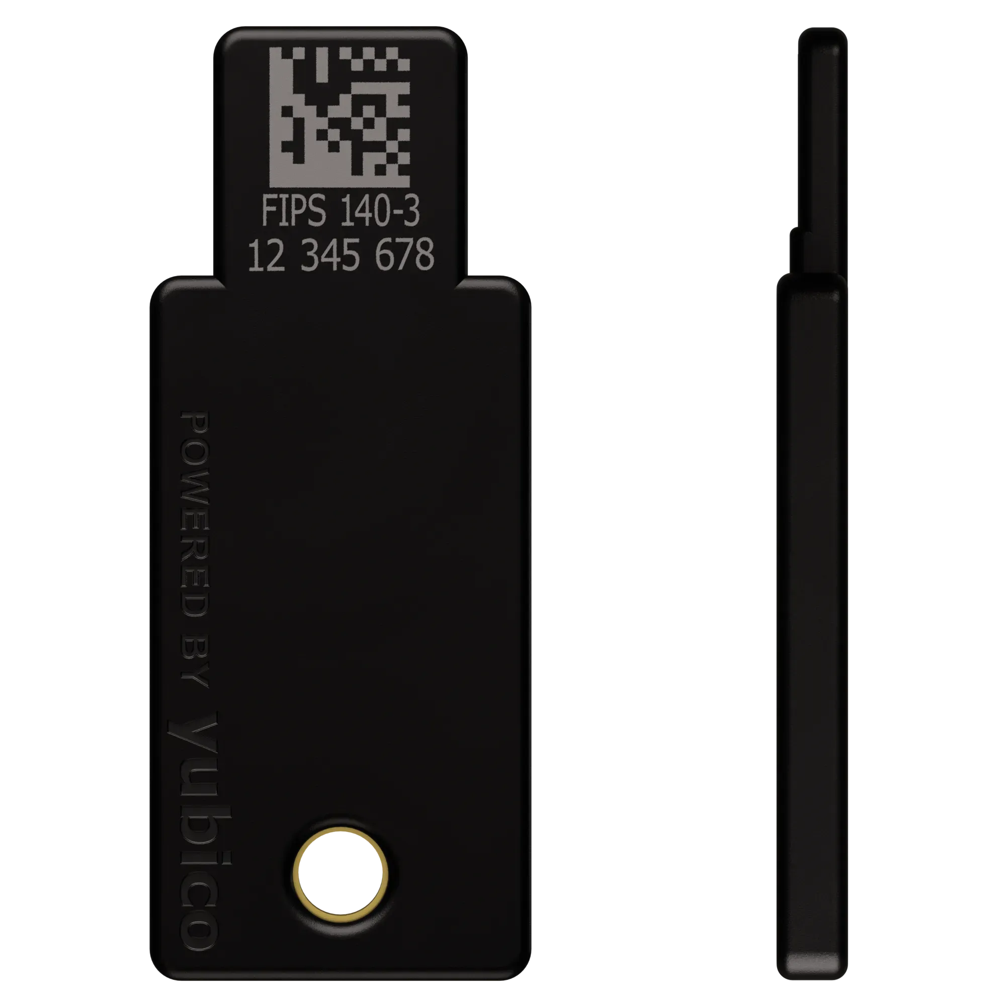 YubiKey 5 NFC FIPS 140-3 vue de dos avec gravure FIPS 140-3 et numéro de série, et vue de profil