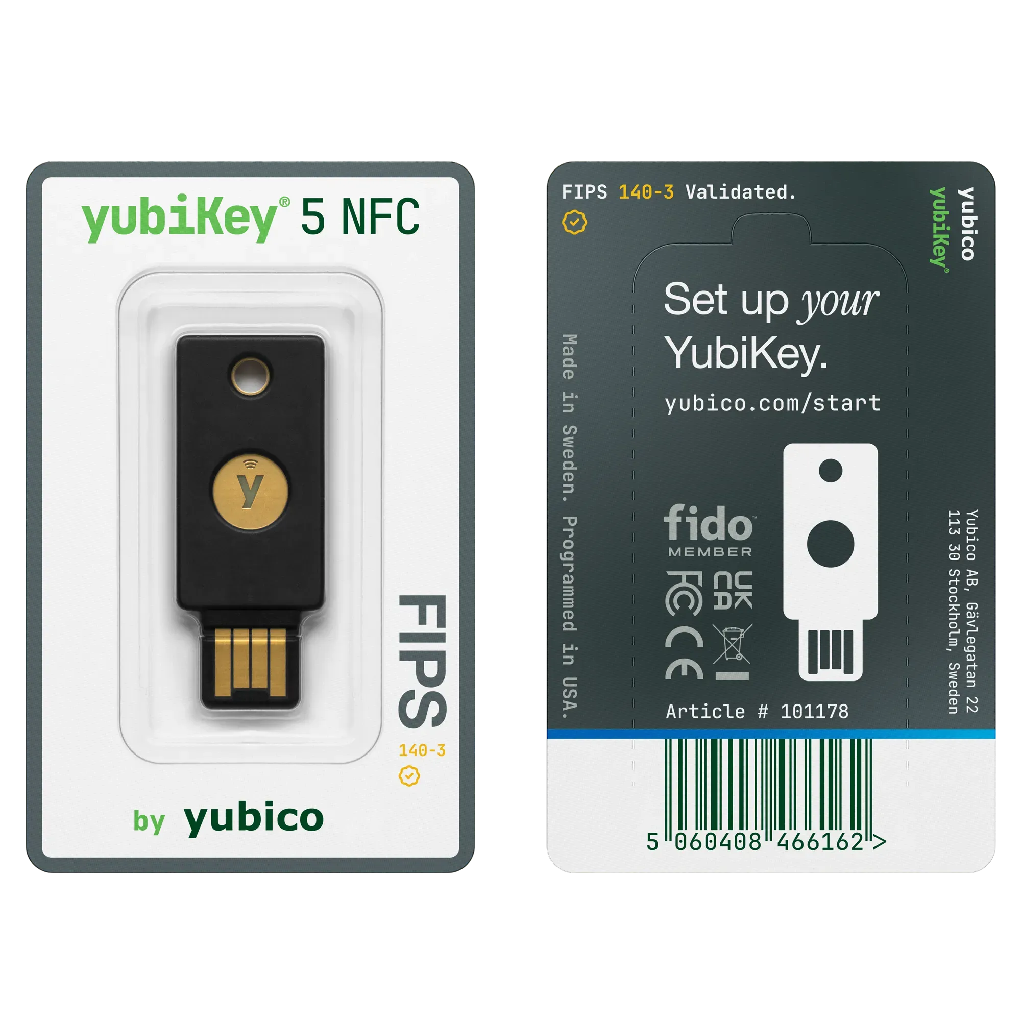 Emballage blister de la YubiKey 5 NFC FIPS 140-3, recto et verso avec mention FIPS 140-3 Validated