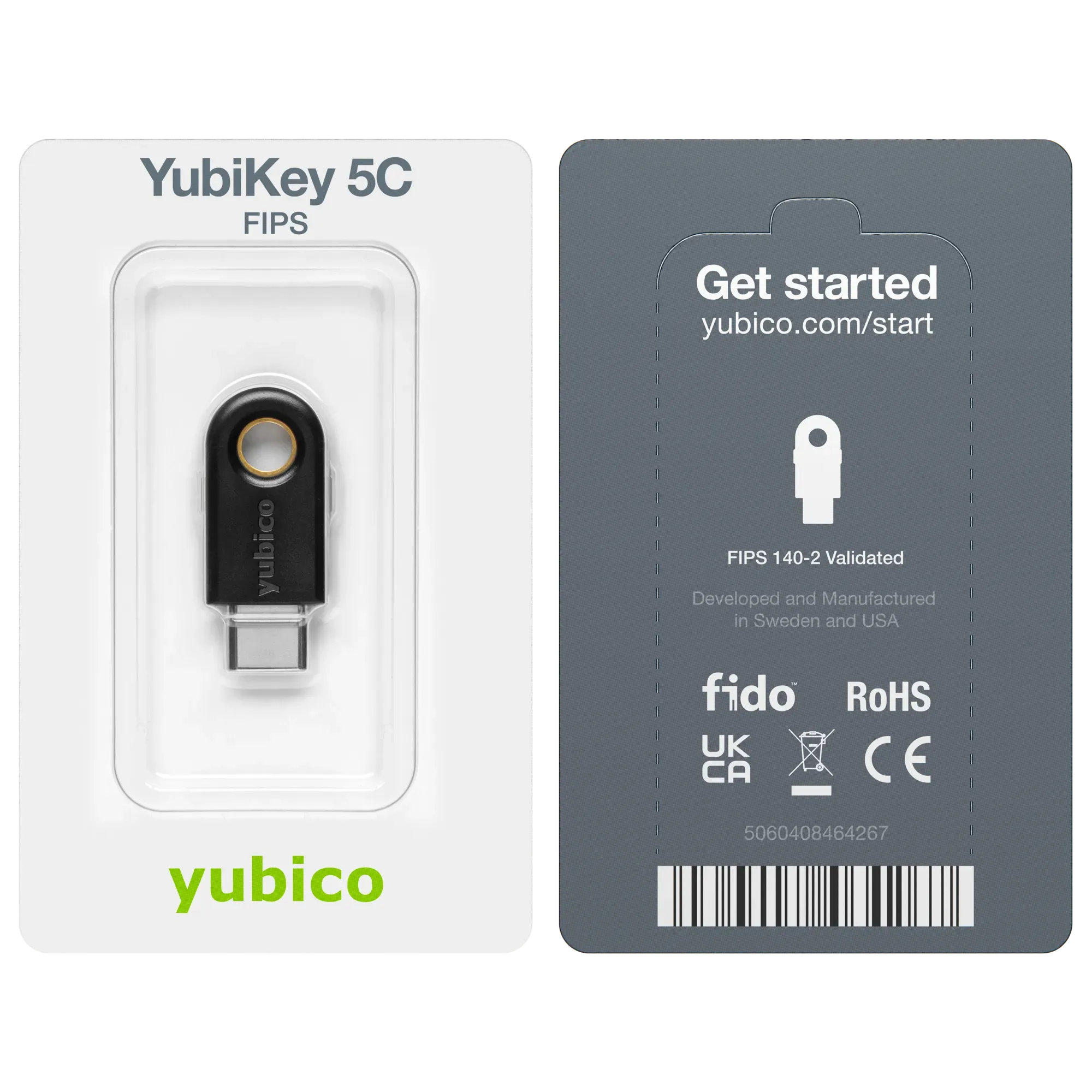 Emballage blister de la YubiKey 5C FIPS, recto et verso avec mention FIPS 140-2 Validated