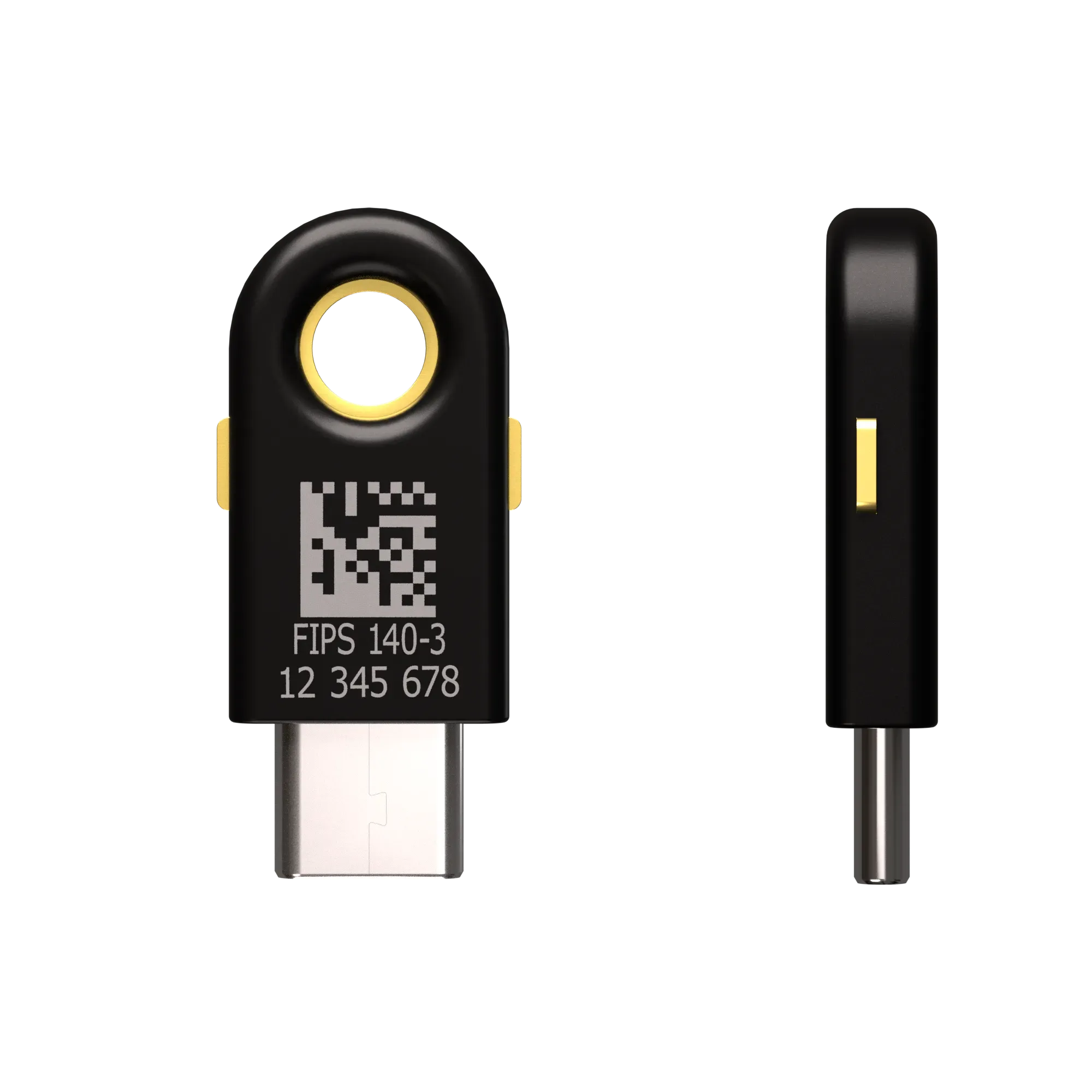 YubiKey 5C FIPS 140-3 vue de dos avec gravure FIPS 140-3 et numéro de série, et vue de profil