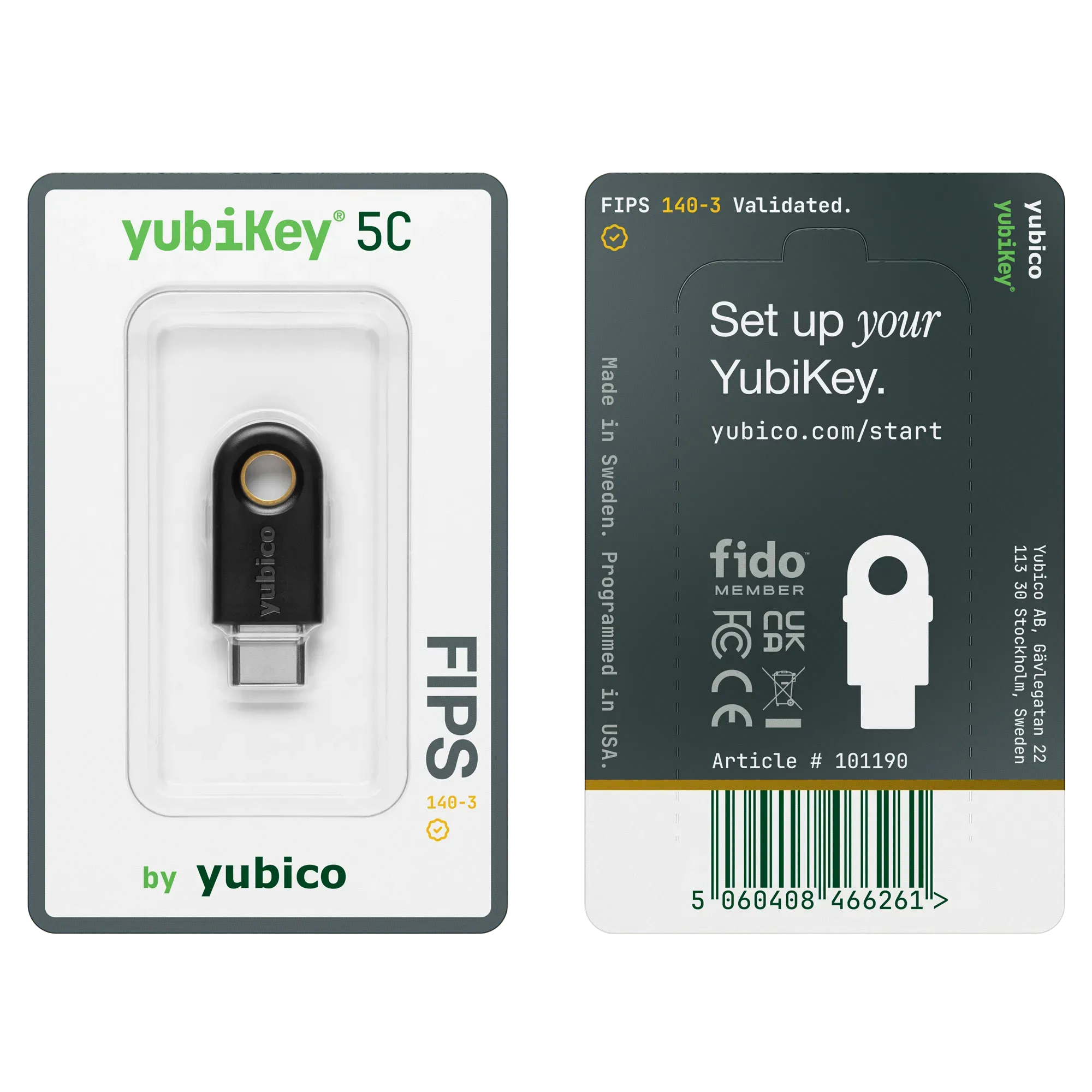 Emballage blister de la YubiKey 5C FIPS 140-3, recto et verso avec mention FIPS 140-3 Validated