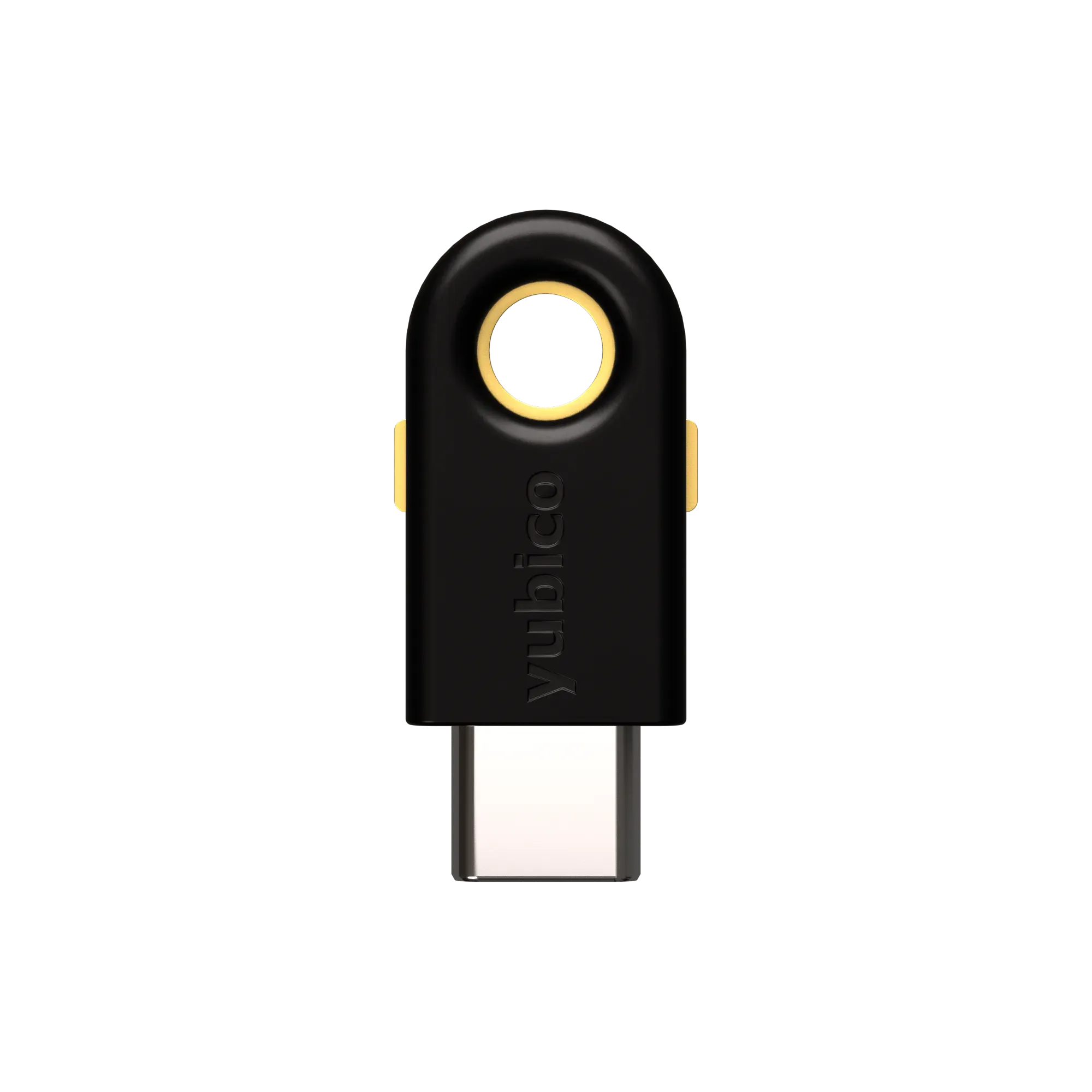 YubiKey 5C FIPS 140-3 USB-C vue de face, logo Yubico et capteurs tactiles latéraux dorés