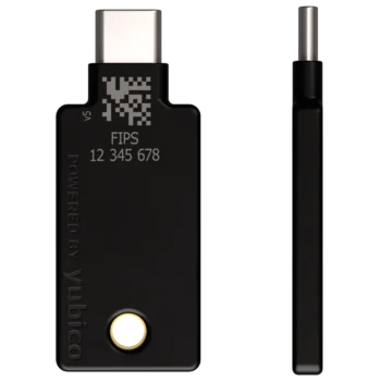 YubiKey 5C NFC FIPS 140-2 USB-C vue de dos avec gravure FIPS et numéro de série, et vue de profil