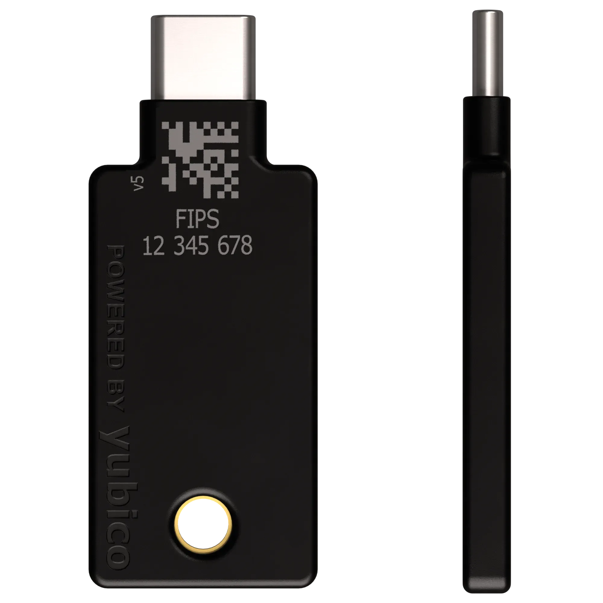 YubiKey 5C NFC FIPS 140-2 USB-C vue de dos avec gravure FIPS et numéro de série, et vue de profil