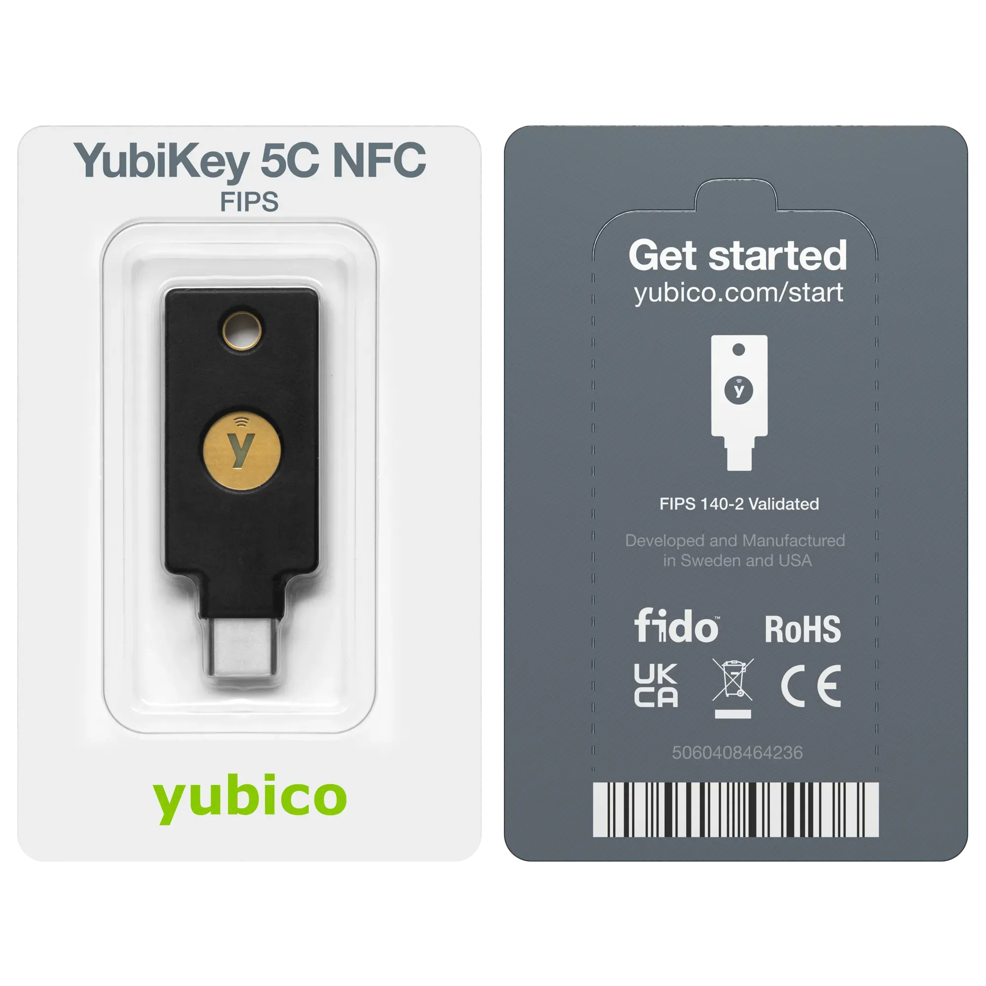 Emballage blister de la YubiKey 5C NFC FIPS, recto et verso avec mention FIPS 140-2 Validated