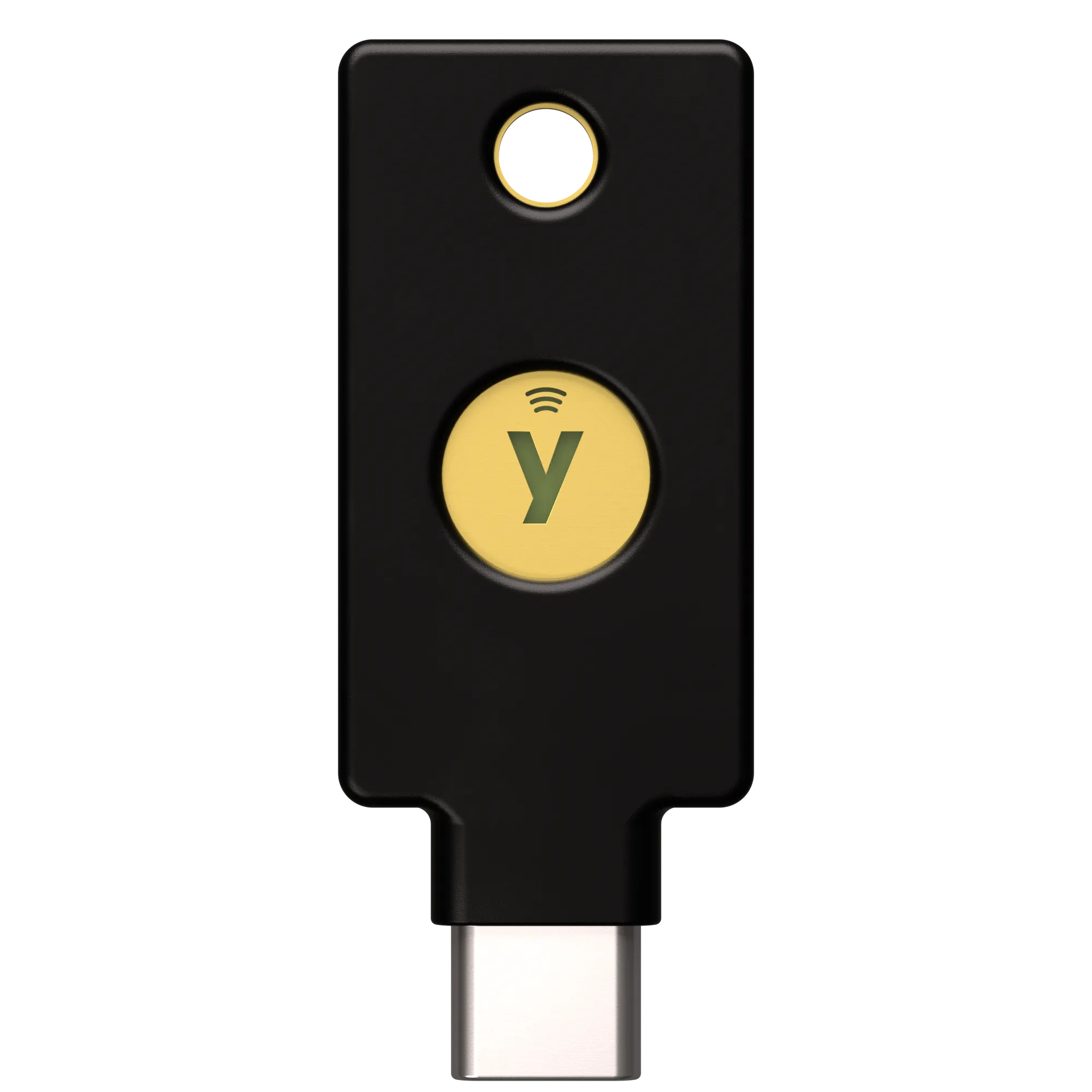 YubiKey 5C NFC FIPS 140-2 USB-C vue de face, bouton tactile doré avec symbole NFC