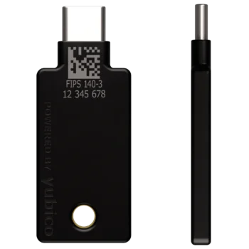 YubiKey 5C NFC FIPS 140-3 vue de dos avec gravure FIPS 140-3 et numéro de série, et vue de profil