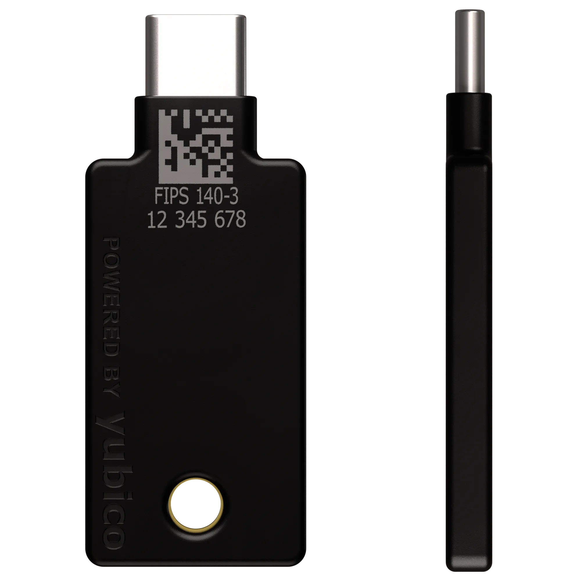 YubiKey 5C NFC FIPS 140-3 vue de dos avec gravure FIPS 140-3 et numéro de série, et vue de profil