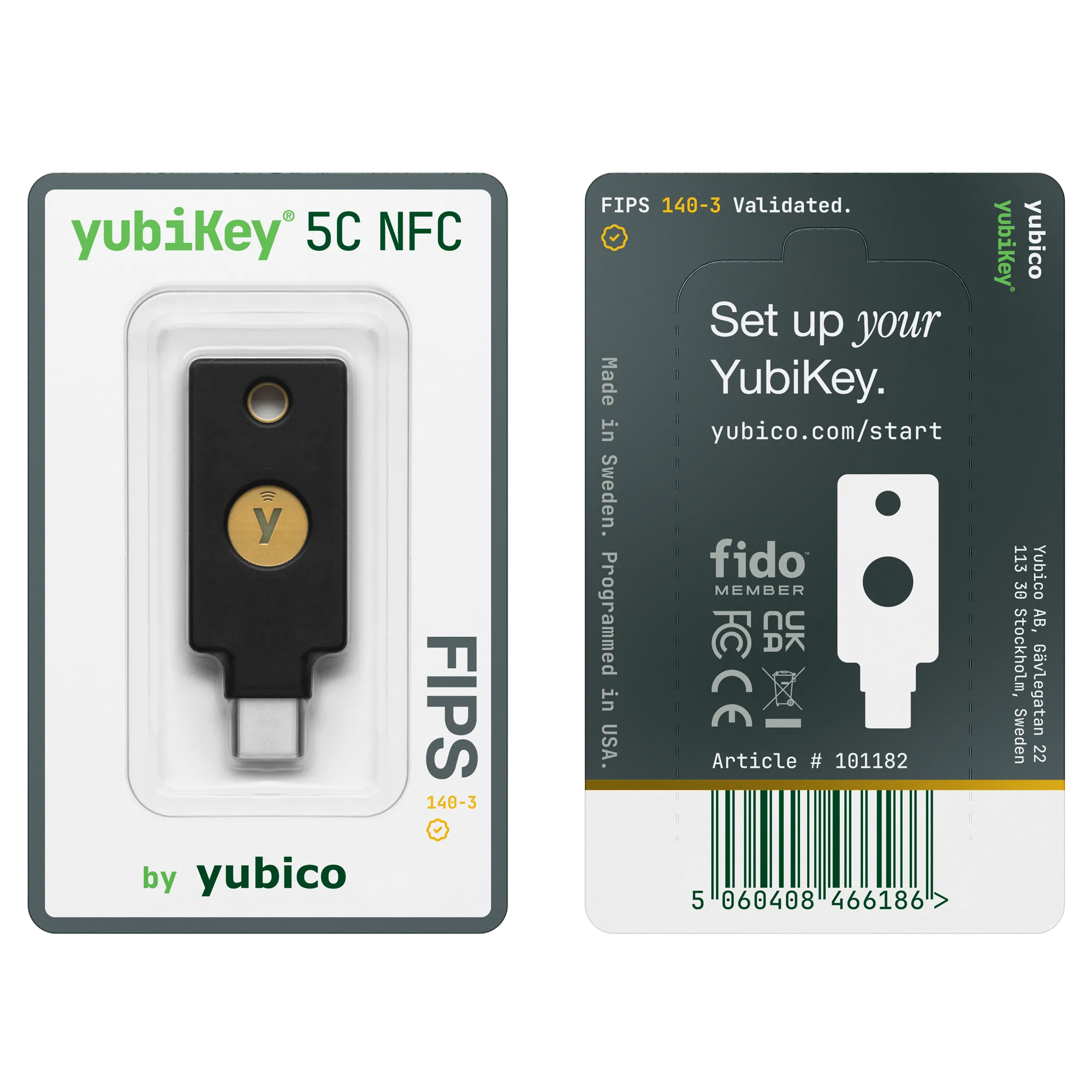 Emballage blister de la YubiKey 5C NFC FIPS 140-3, recto et verso avec mention FIPS 140-3 Validated