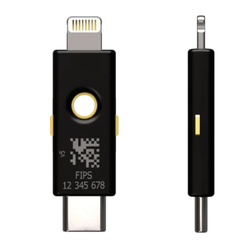 YubiKey 5Ci FIPS 140-2 USB-C et Lightning vue de dos avec gravure FIPS et numéro de série, et vue de profil