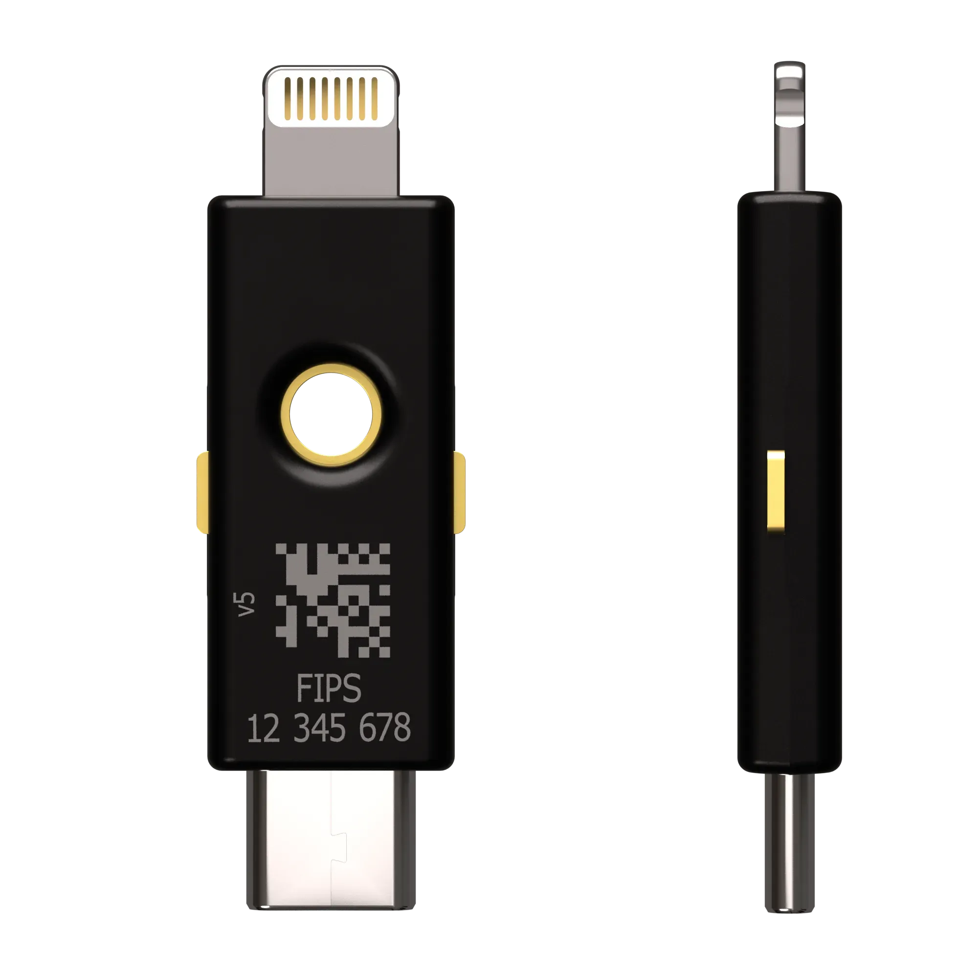 YubiKey 5Ci FIPS 140-2 USB-C et Lightning vue de dos avec gravure FIPS et numéro de série, et vue de profil