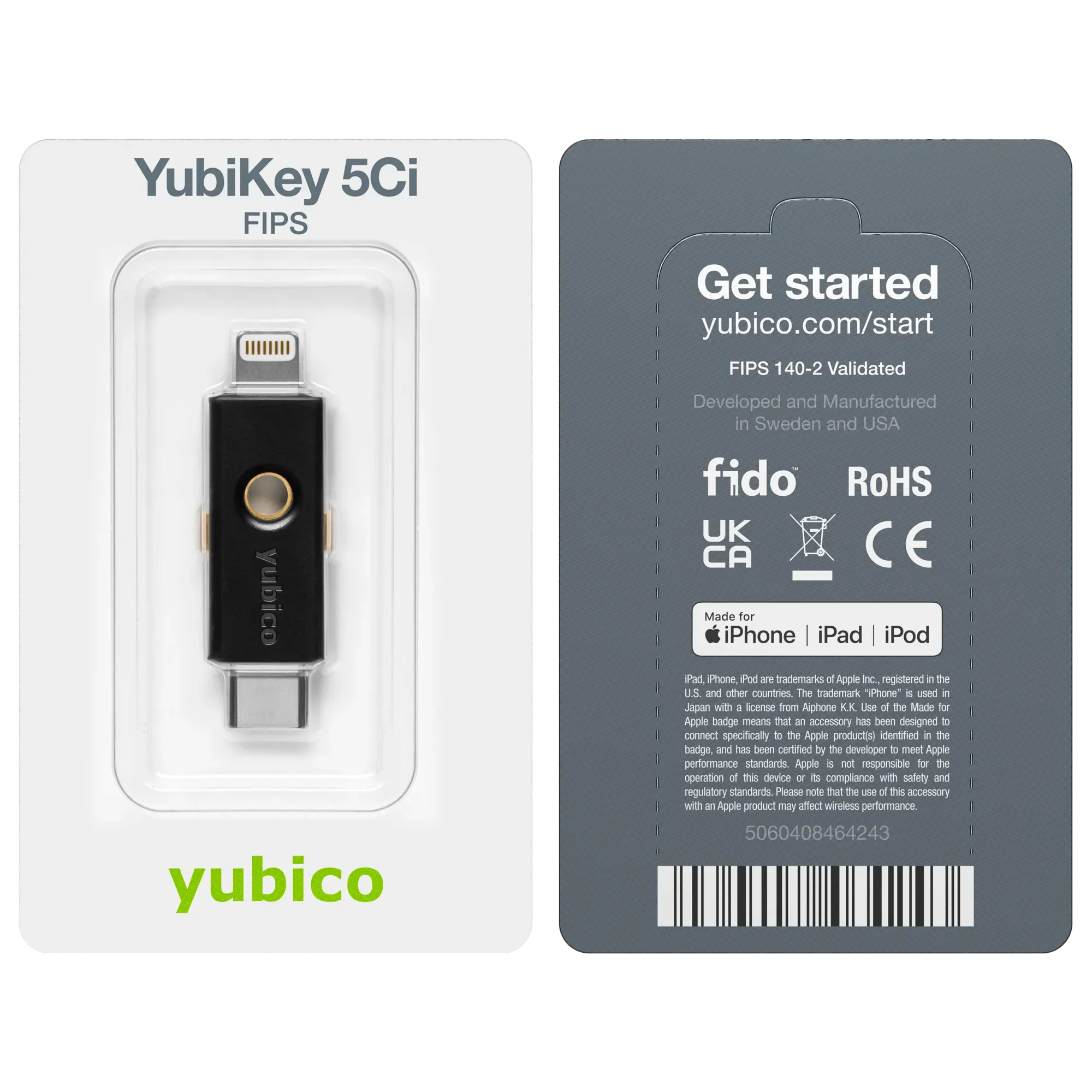 Emballage blister de la YubiKey 5Ci FIPS, recto et verso avec mention FIPS 140-2 Validated