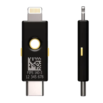 YubiKey 5Ci FIPS 140-3 vue de dos avec gravure FIPS 140-3 et numéro de série, et vue de profil