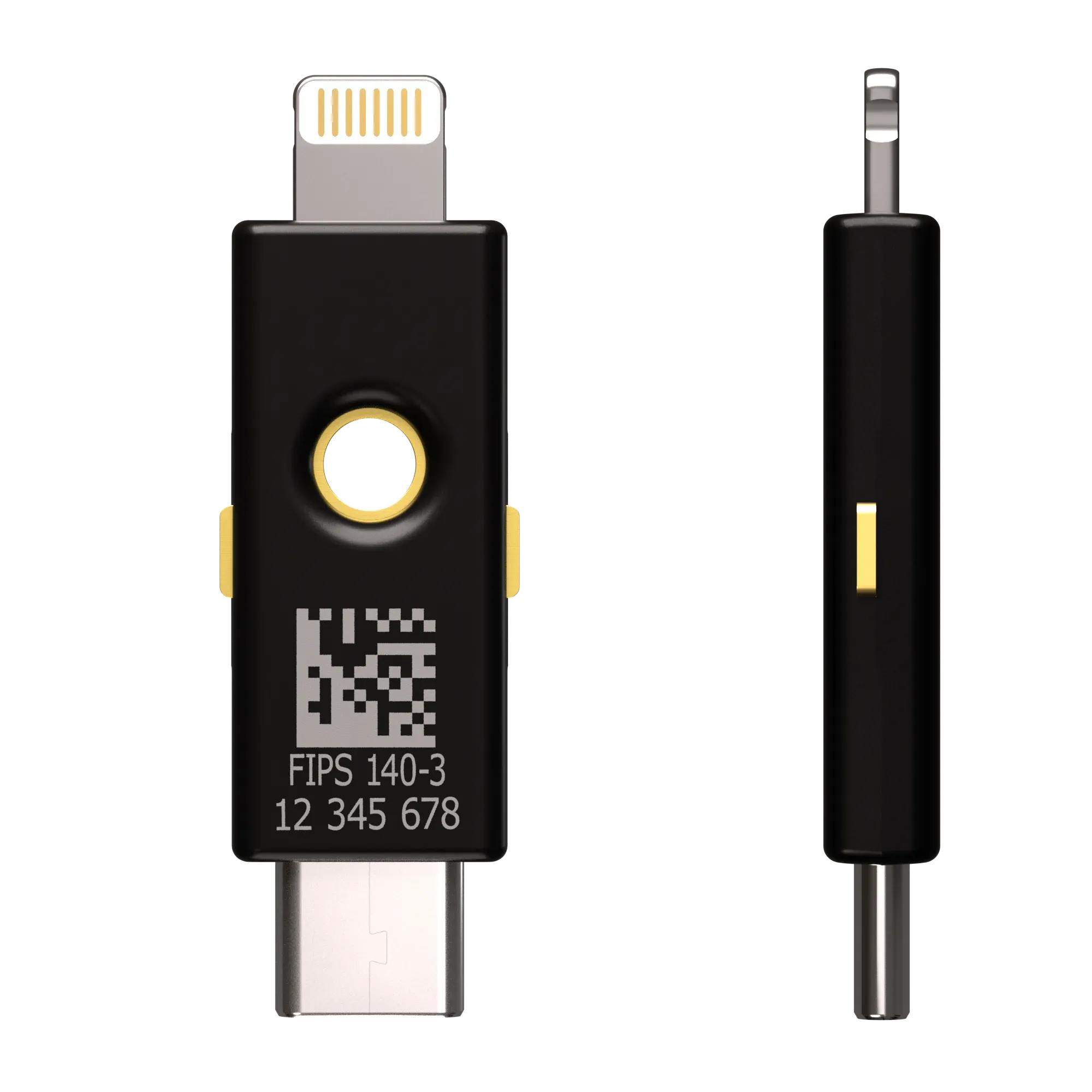 YubiKey 5Ci FIPS 140-3 vue de dos avec gravure FIPS 140-3 et numéro de série, et vue de profil