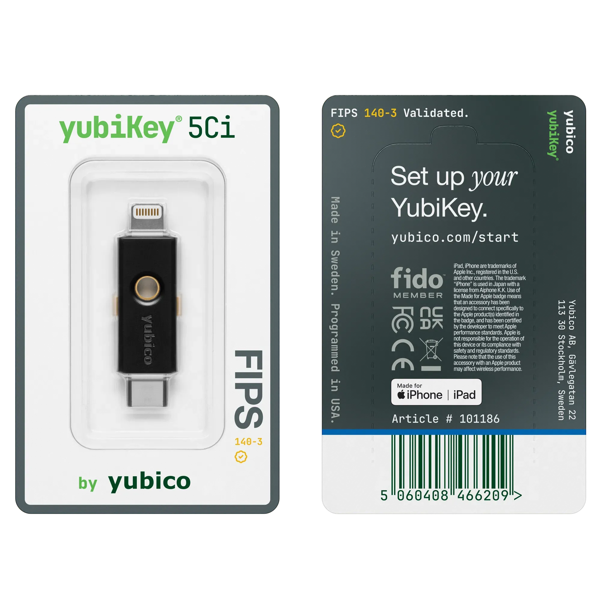 Emballage blister de la YubiKey 5Ci FIPS 140-3, recto et verso avec mention FIPS 140-3 Validated