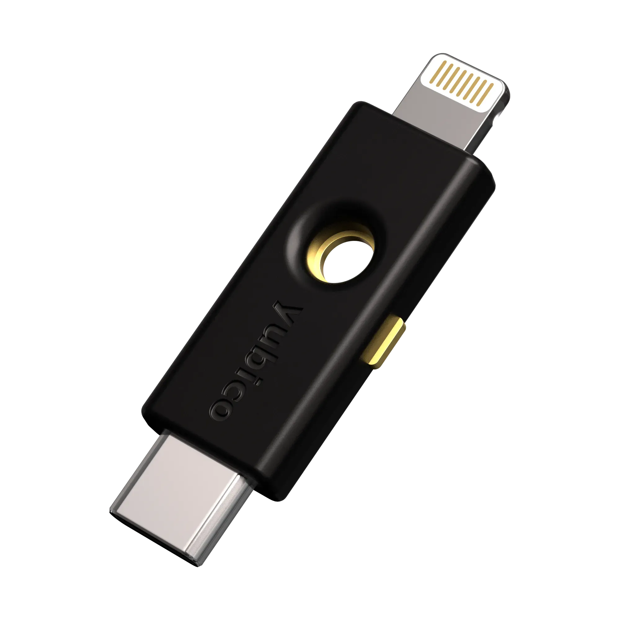 Clé de sécurité YubiKey 5Ci FIPS 140-3 double connecteur USB-C et Lightning, vue de trois quarts