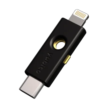 Clé de sécurité YubiKey 5Ci double connecteur USB-C et Lightning, vue de trois quarts