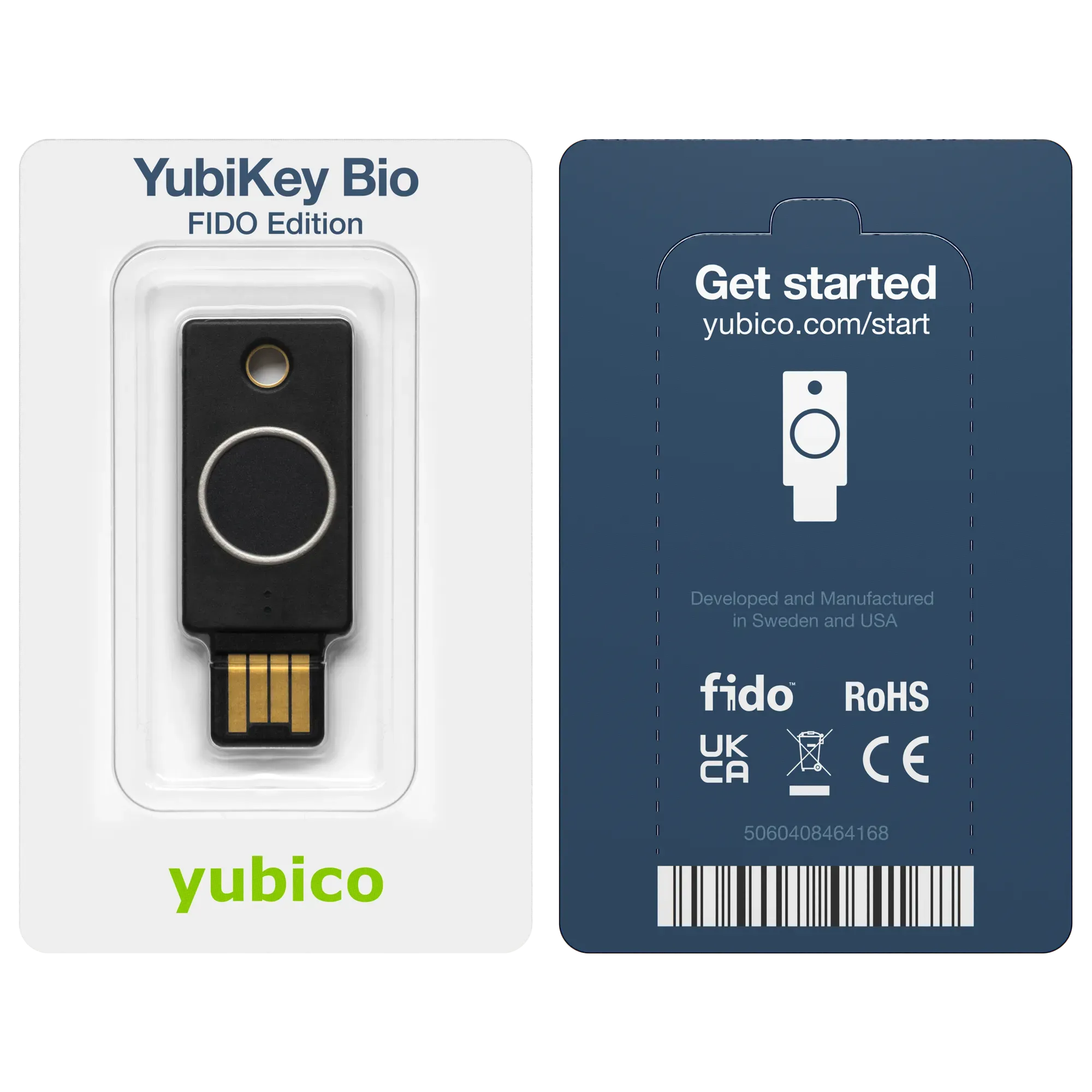 Emballage blister de la YubiKey Bio FIDO Edition, recto et verso