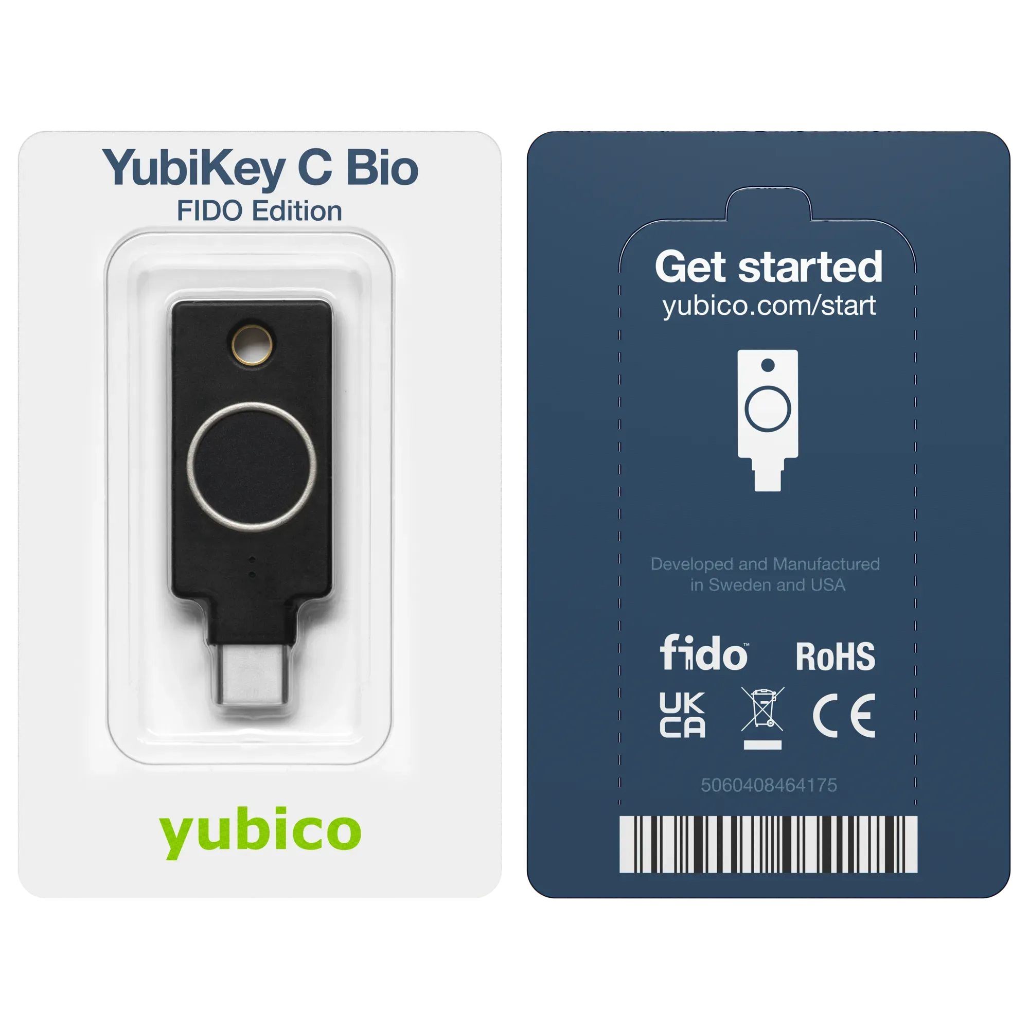 Emballage blister de la YubiKey C Bio FIDO Edition, recto et verso