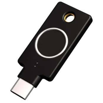 Clé biométrique YubiKey C Bio FIDO Edition USB-C, vue de trois quarts avec lecteur d'empreinte cerclé d'argent