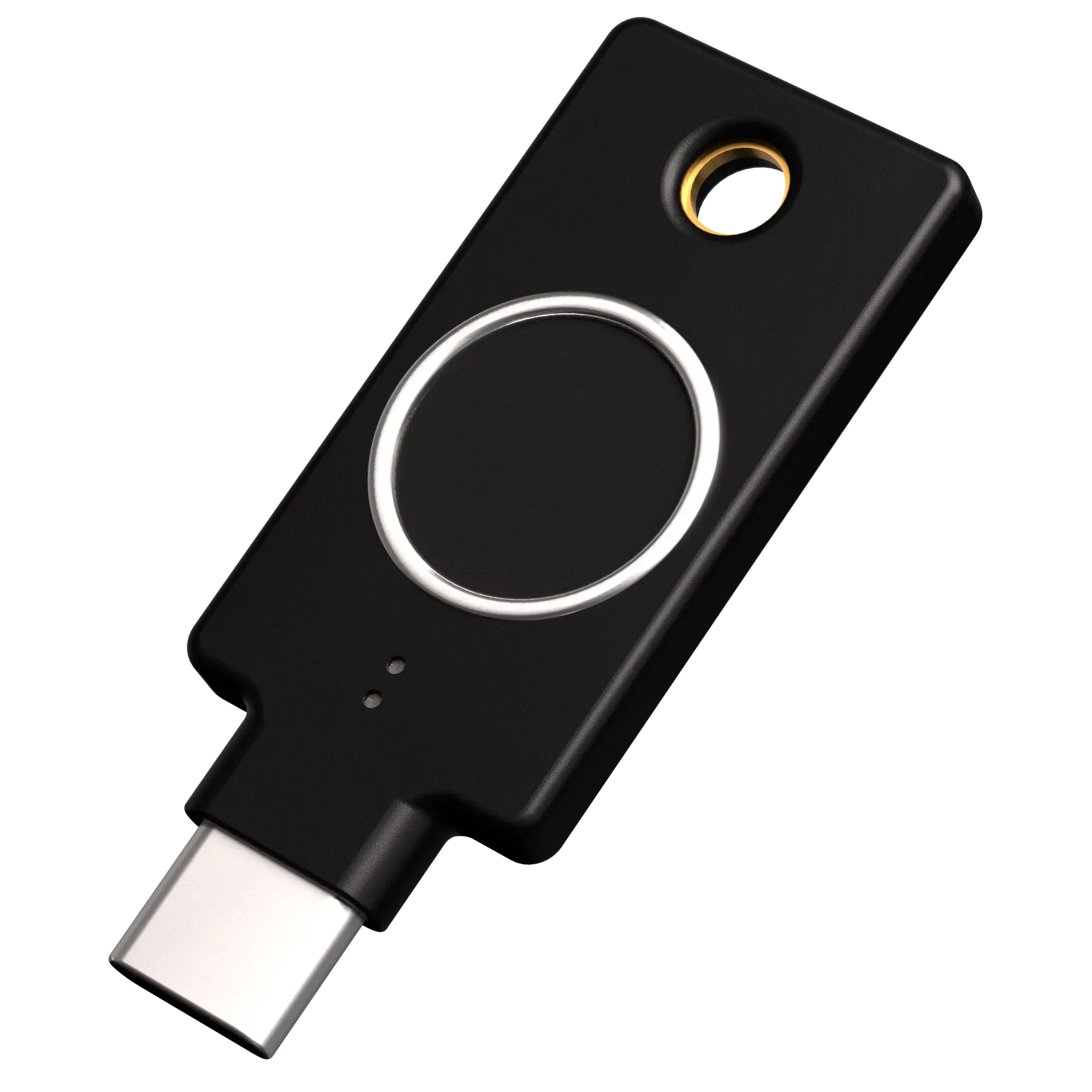 Clé biométrique YubiKey C Bio FIDO Edition USB-C, vue de trois quarts avec lecteur d'empreinte cerclé d'argent
